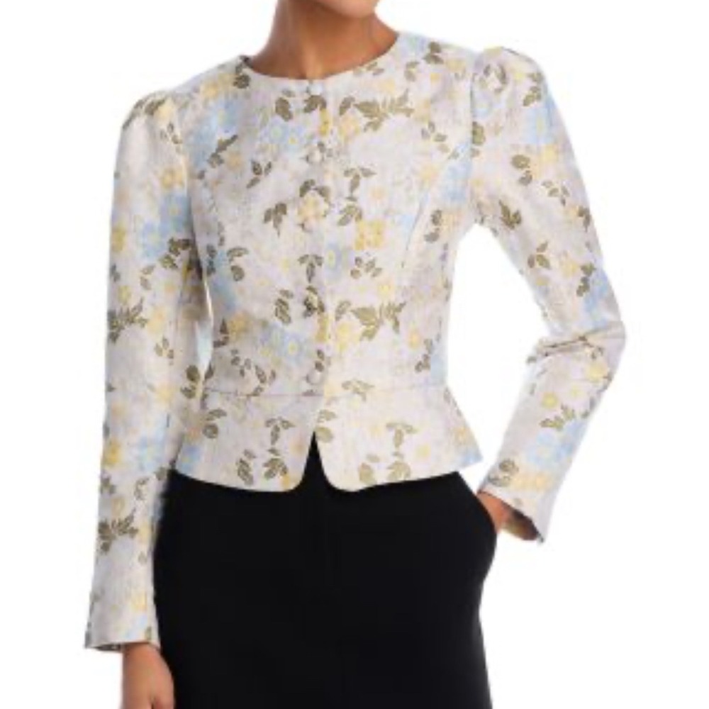AQUA Floral Brocade Puff Sleeve Jacket Metallic Gold Yellow Blue Crop WM XL EUC